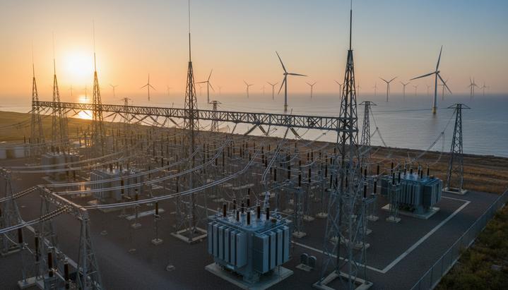 Запущена программа RADAR для повышения надежности мировых электросетей Современная электроподстанция и линии электропередачи на фоне морского пейзажа с ветряными турбинами на рассвете.