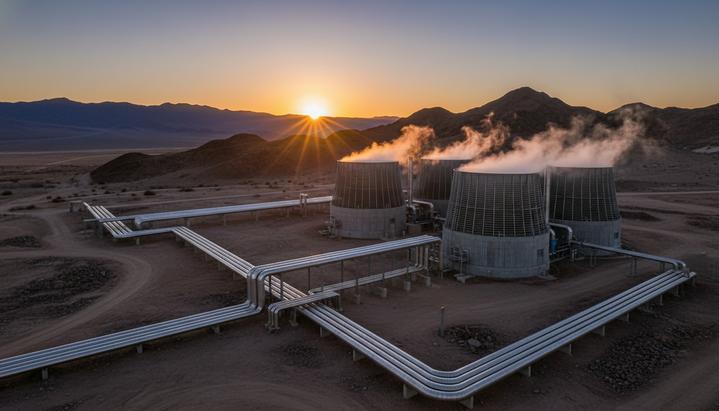Современная геотермальная электростанция с трубами и градирнями на фоне горного пейзажа на рассвете.