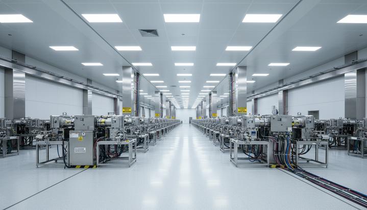 Современный цех по обогащению урана с рядами блестящих металлических газовых центрифуг в ярко освещенном промышленном помещении.