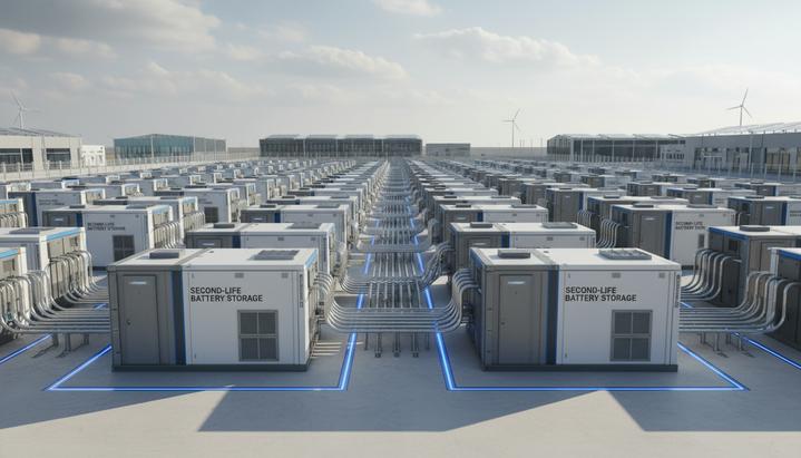 В Британии построят хранилище энергии из аккумуляторов электротранспорта Промышленные контейнеры системы хранения энергии, соединенные кабелями, на площадке современного индустриального парка.