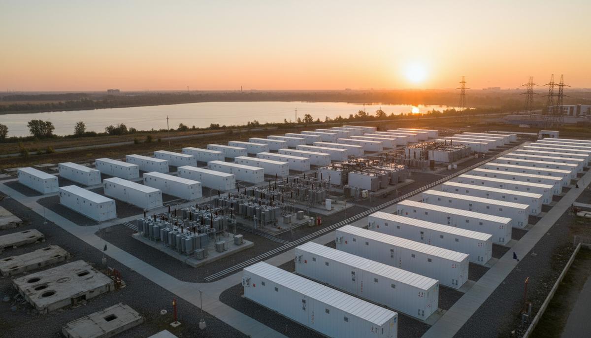 В США на месте угольной станции строят крупные накопители энергии Современная система накопления энергии в виде рядов больших контейнеров на территории бывшей промышленной площадки у озера.