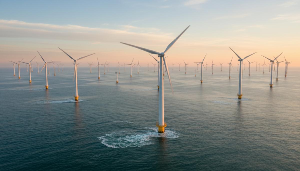 Морская ветряная электростанция в океане. Ряды огромных ветрогенераторов, установленных в воде и уходящих за горизонт.