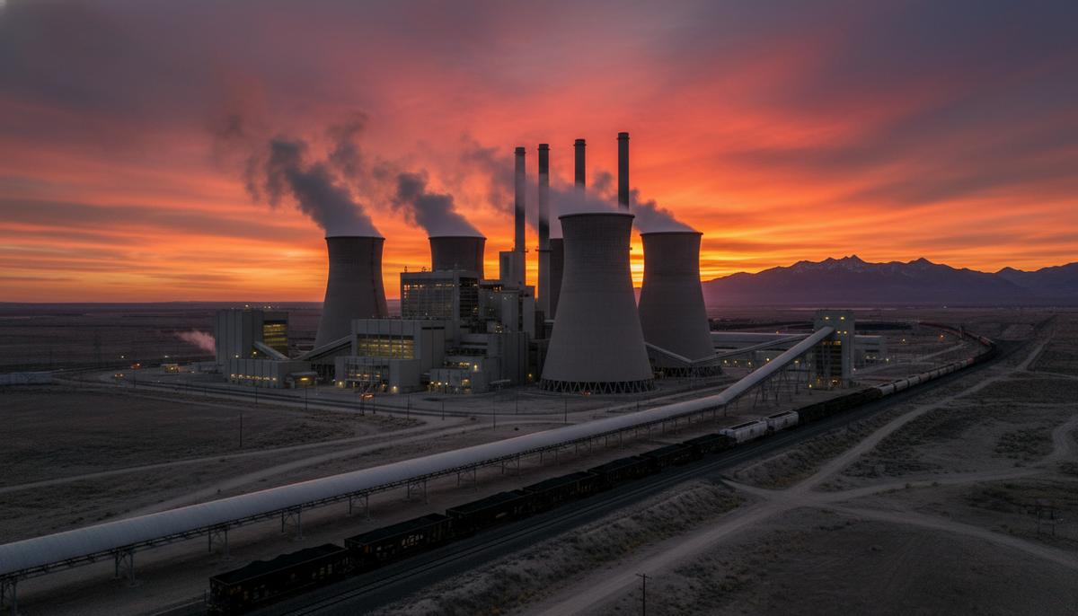Современная угольная электростанция с высокими дымовыми трубами на фоне заката. Рядом с промышленным комплексом виден грузовой поезд с углем.