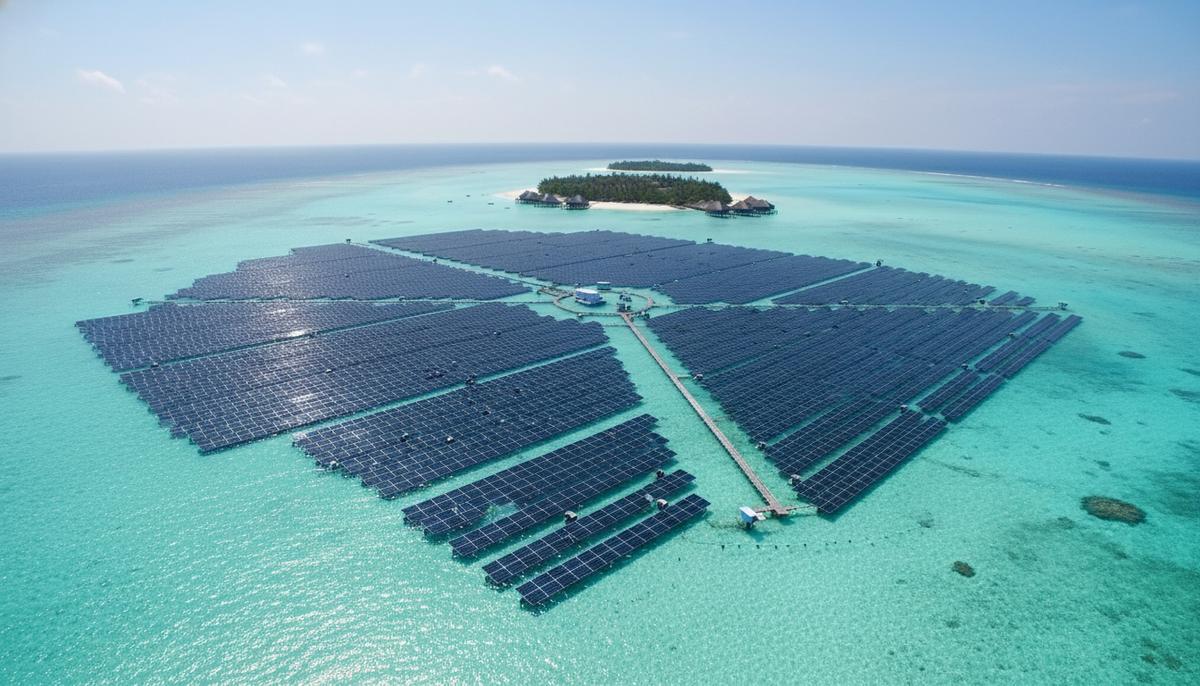 Большая плавучая солнечная электростанция на бирюзовой воде океана рядом с тропическим островом на Мальдивах, вид сверху.