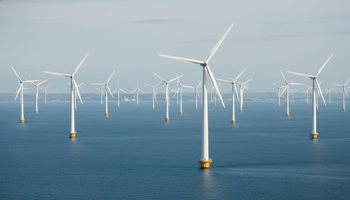 Новые энергомосты могут связать морскую ветроэнергетику Британии с Европой Морская ветряная электростанция с рядами турбин, установленных в спокойном море. На горизонте видна береговая линия.