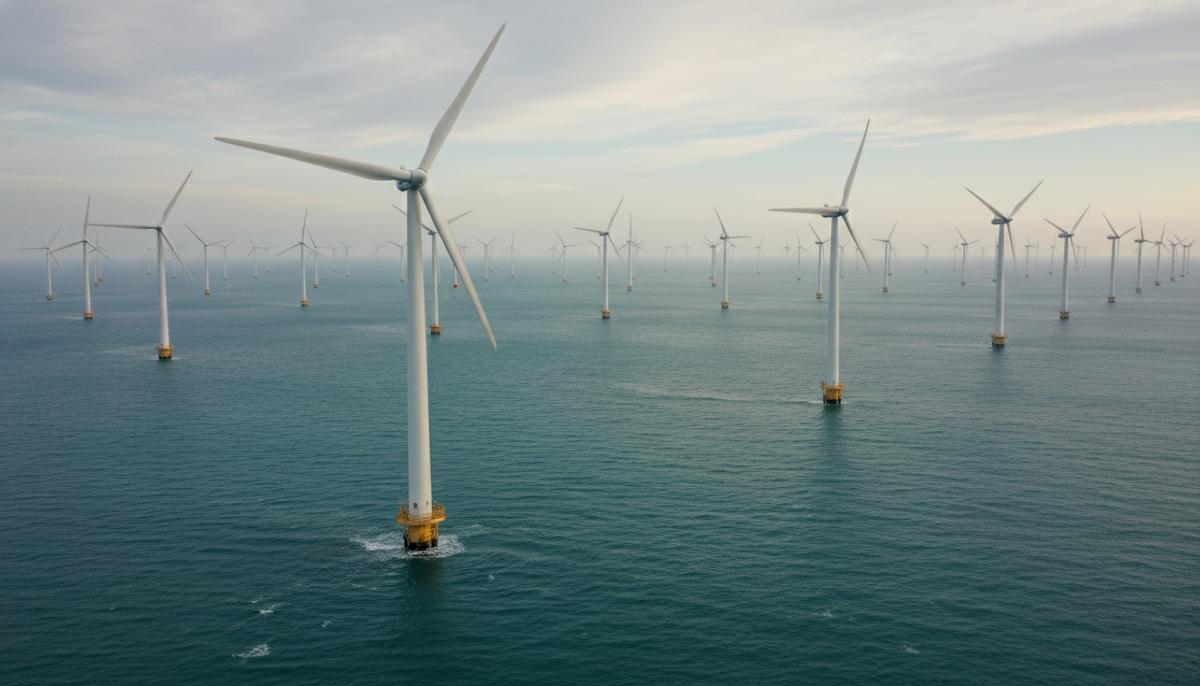 Морская ветряная электростанция с рядами высоких белых турбин, установленных в открытом море и уходящих за горизонт.