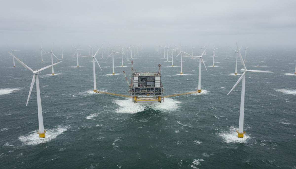 ЕС и Великобритания усилят энергобезопасность за счет ветропарков в Северном море Ряды ветряных турбин морской электростанции, уходящие к горизонту в открытом море под облачным небом.