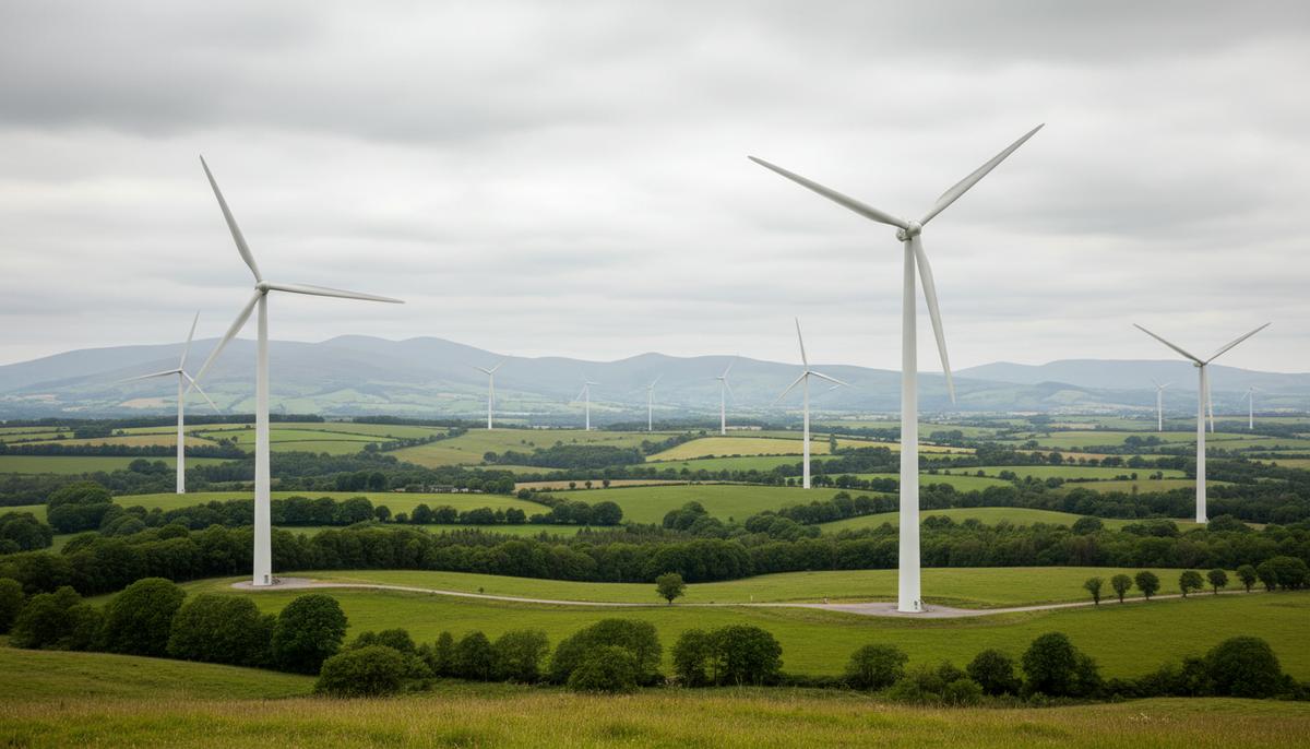 Наземная ветроэлектростанция в Уэльсе. Множество ветряных турбин на фоне зеленых холмов и лесного массива.