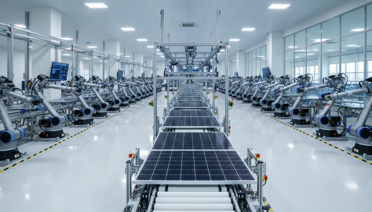 В Египте открыт новый завод солнечных панелей мощностью 5 ГВт Современный цех завода по производству солнечных панелей. Автоматизированная производственная линия с роботизированными манипуляторами.