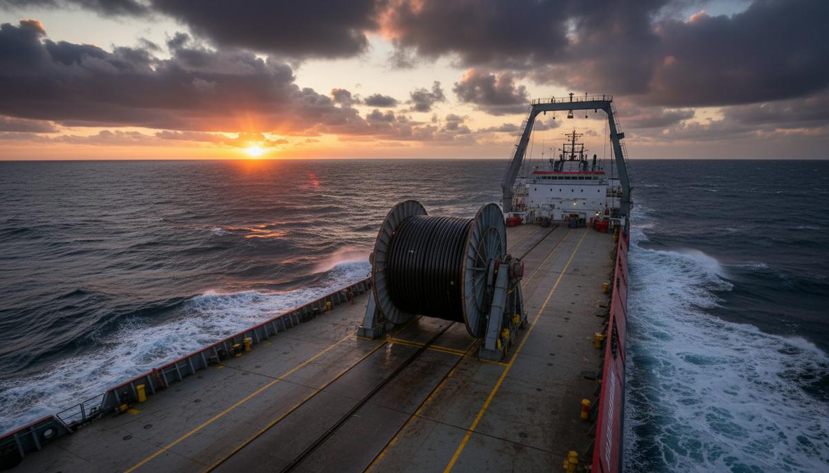 Судно-кабелеукладчик в море с большим барабаном подводного силового кабеля на борту на фоне рассвета.