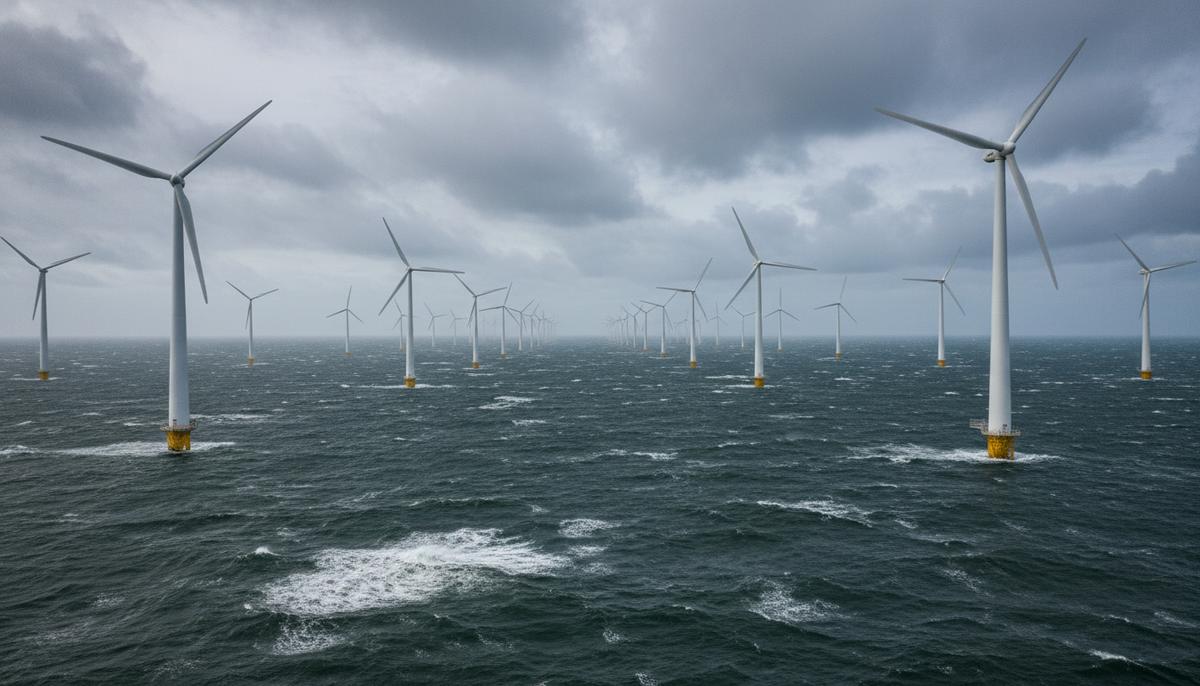 Морская ветряная электростанция с рядами высоких турбин в неспокойном Северном море под пасмурным небом.