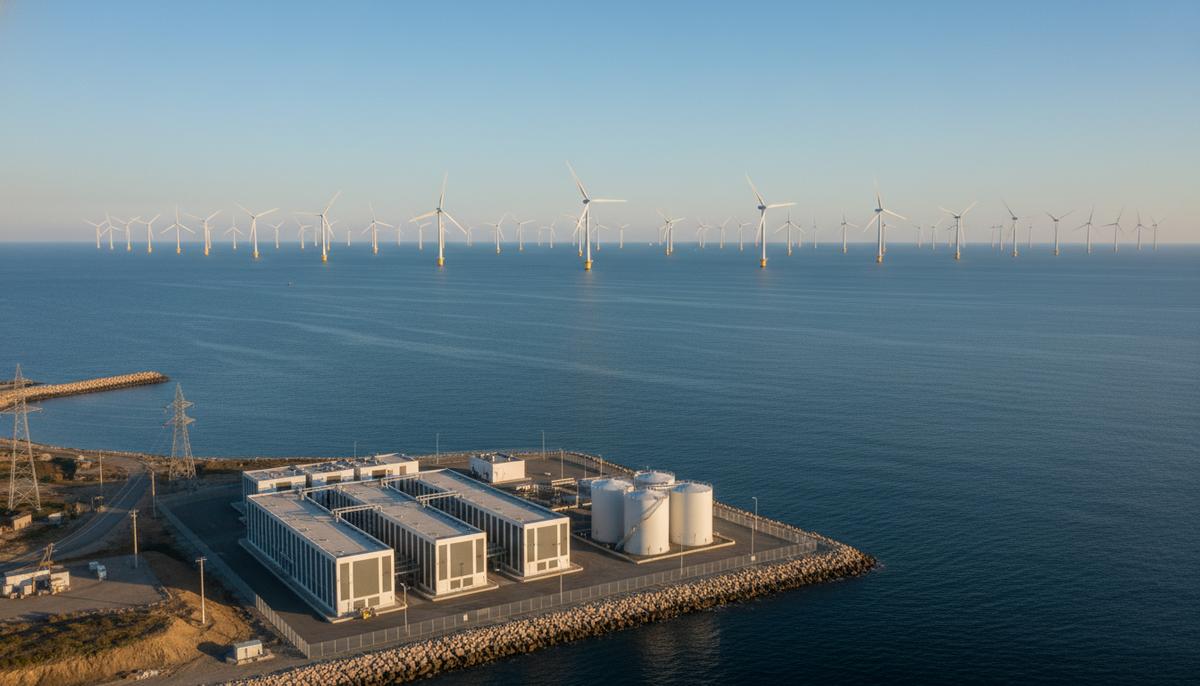 Береговой комплекс систем накопления энергии и морская ветряная электростанция на горизонте в ясный день.