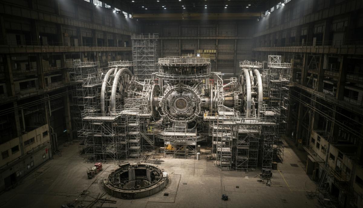 Крупный термоядерный реактор-стелларатор в процессе сборки внутри большого промышленного здания бывшей электростанции.