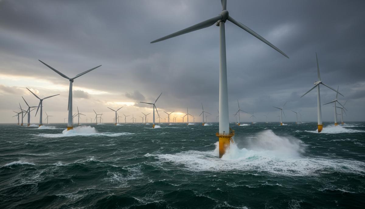 Ряд огромных ветрогенераторов, установленных в открытом море под облачным небом. Волны разбиваются об основания турбин.