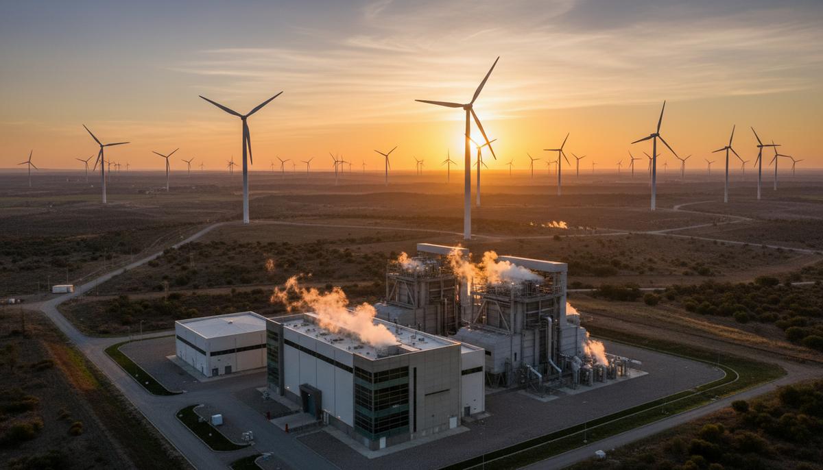 Современная газовая электростанция на фоне большого поля с ветряными турбинами на закате.