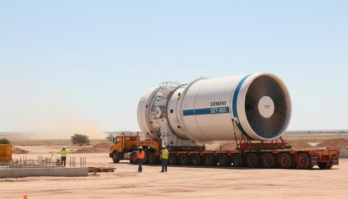 Крупная газовая турбина на специальном большегрузном транспорте на строительной площадке нового энергокомплекса в Техасе.