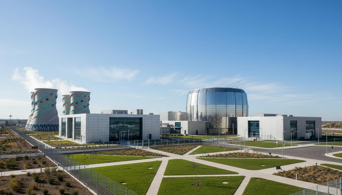 Современный комплекс малого модульного ядерного реактора с футуристичной архитектурой. Компактное здание реактора и вспомогательные постройки.