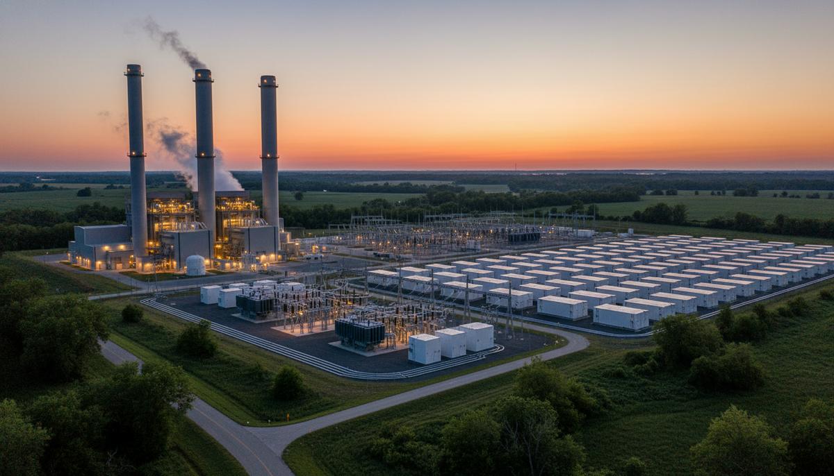 Современная газовая электростанция и расположенный рядом комплекс аккумуляторных систем хранения энергии в контейнерах.