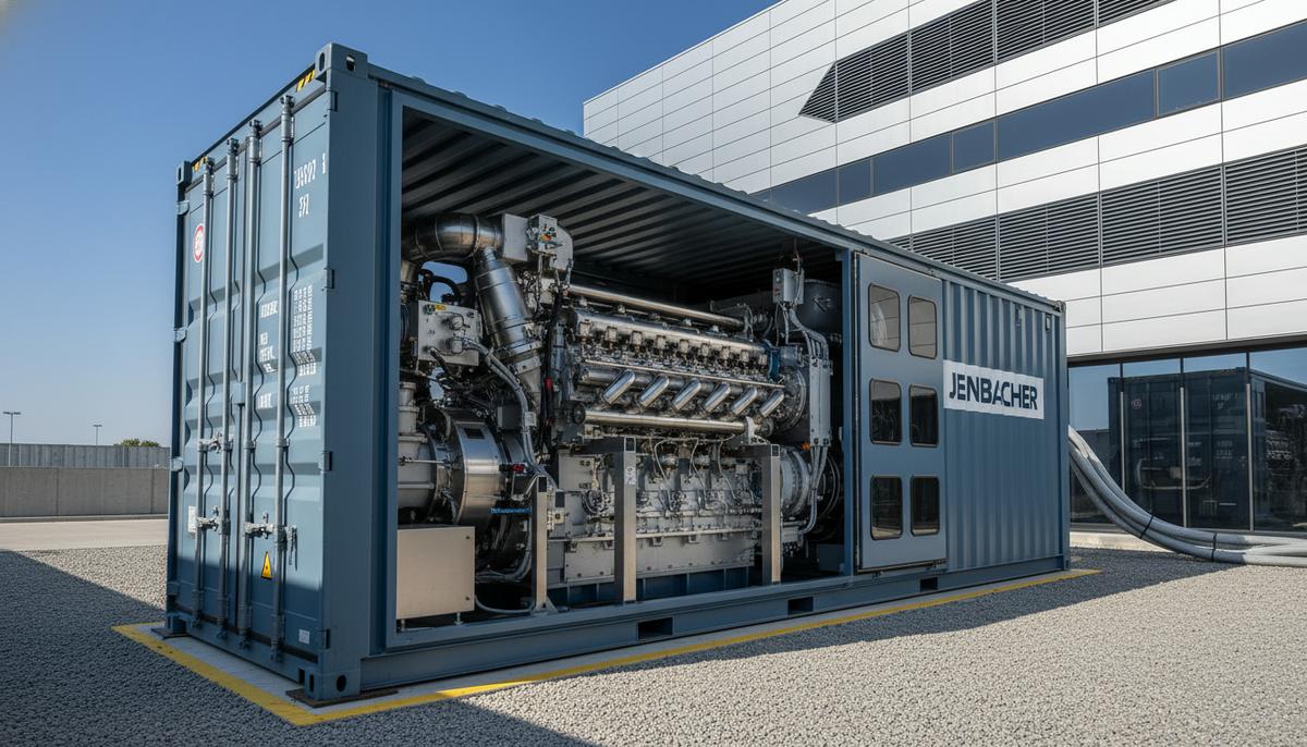 INNIO поставит в США газовые двигатели на 1,5 ГВт для дата-центров ИИ Крупный газовый двигатель в контейнерном модуле, установленный рядом со зданием современного центра обработки данных.