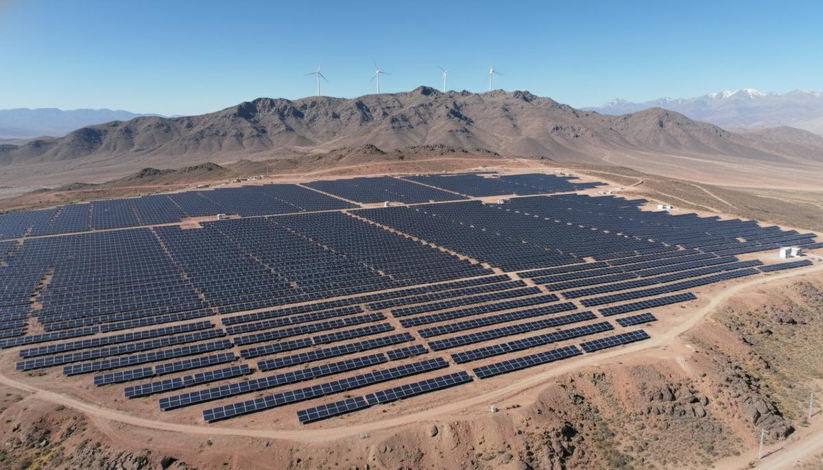 Солнечная электростанция с рядами панелей в горной долине в Перу. На дальнем плане видны ветряные турбины.