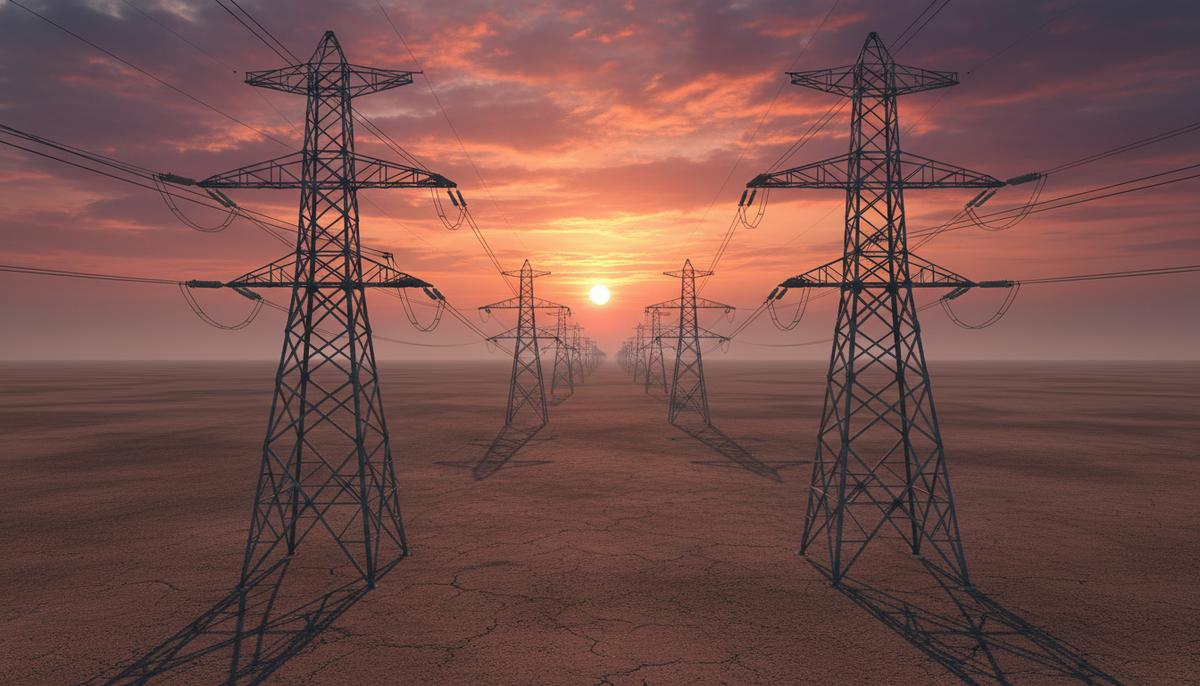 Британия столкнулась с задержками в подключении сотен энергопроектов Силуэты опор линий электропередачи на фоне закатного неба, уходящие вдаль через поле.