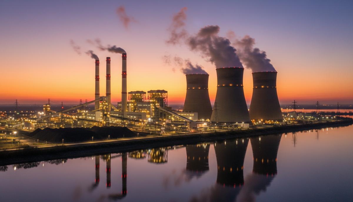 США выделят $175 млн на модернизацию угольных электростанций Крупная угольная электростанция с высокими трубами и градирнями, из которых идет пар, на берегу водоема в вечернее время.