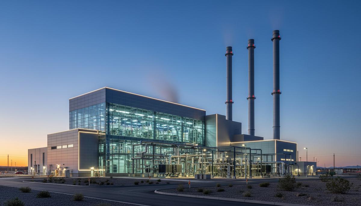 Небраска добавляет 100 МВт газовой генерации для стабильности сети Современная газовая электростанция на закате. Вид на промышленные здания, турбинный цех и высокие дымовые трубы.