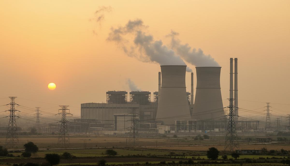 Torrent Power покупает угольную электростанцию L&T за 759 млн долларов Панорамный вид на современную угольную электростанцию с градирнями и дымовыми трубами на рассвете в Индии.