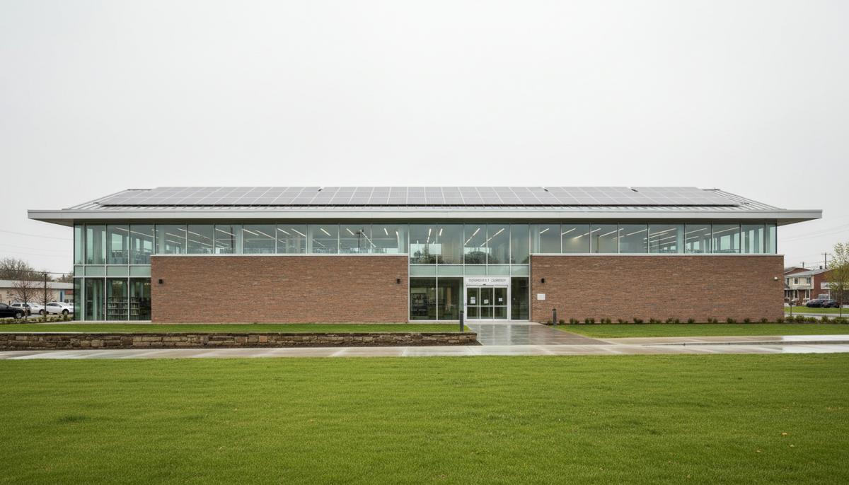 Великобритания вкладывает £1 млрд в местную зеленую энергетику Современное здание общественной библиотеки с солнечными панелями на крыше в пасмурный день. Перед зданием виден зеленый газон.