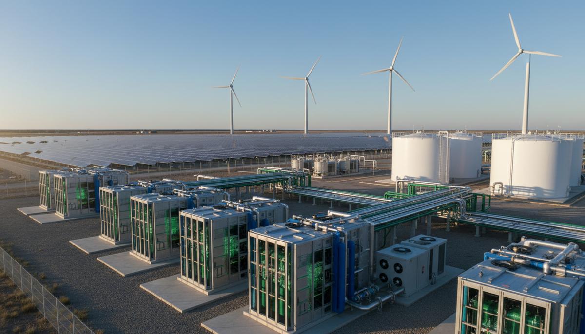 Развитие водородной энергетики в Европе замедлилось из-за рисков Завод по производству водорода с электролизерами на фоне солнечных панелей и ветряных турбин.