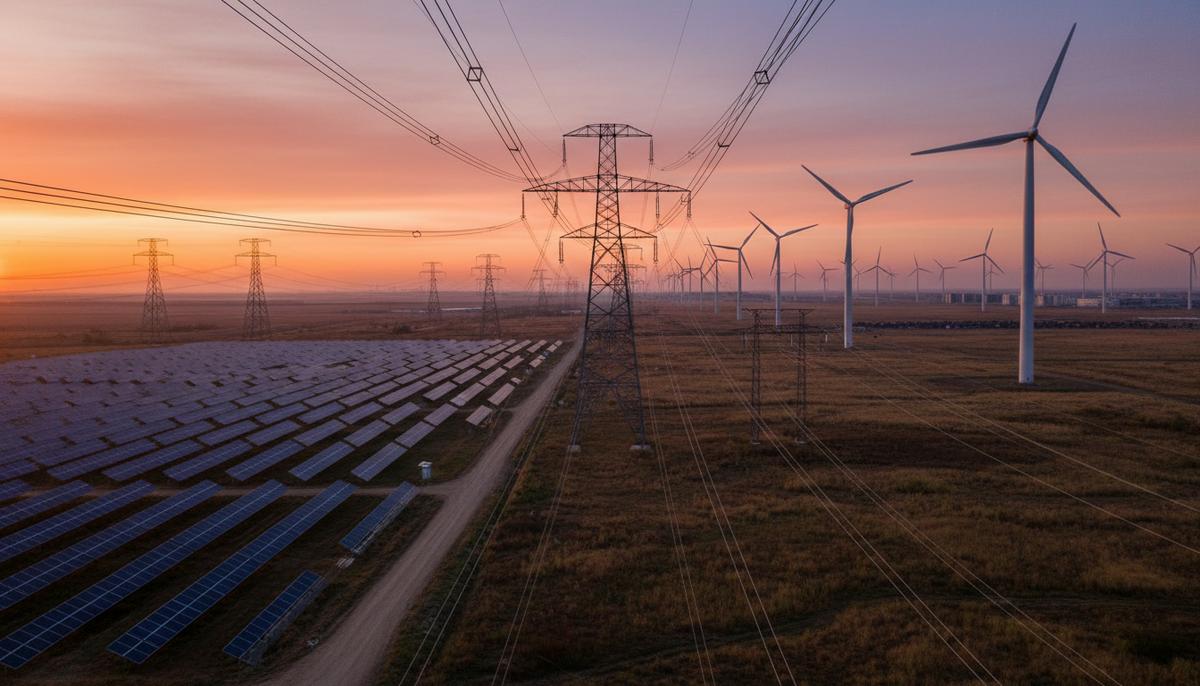 МЭА: к 2030 году половину мировой электроэнергии дадут ВИЭ и атом Опоры ЛЭП на фоне восходящего солнца, рядом расположены большая солнечная электростанция и ветряные турбины.