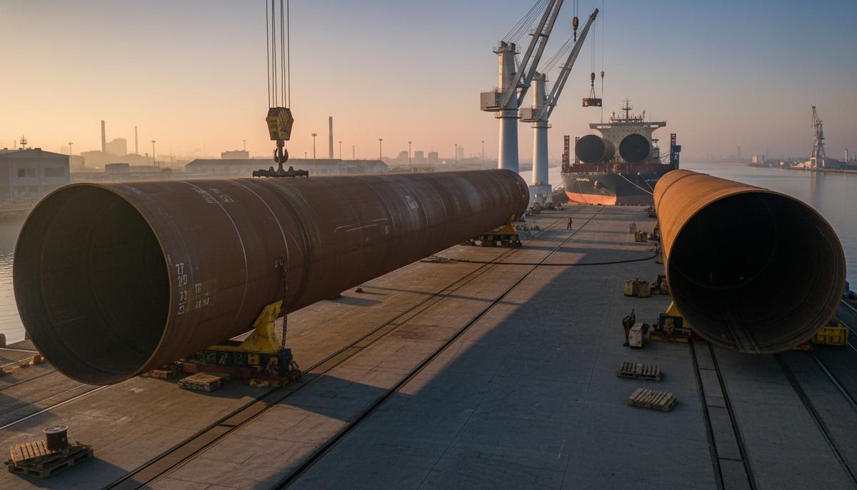 Строительство крупнейшей морской ВЭС Германии идет с опережением графика Крупные стальные опоры для морских ветрогенераторов в порту, готовые к установке в море.