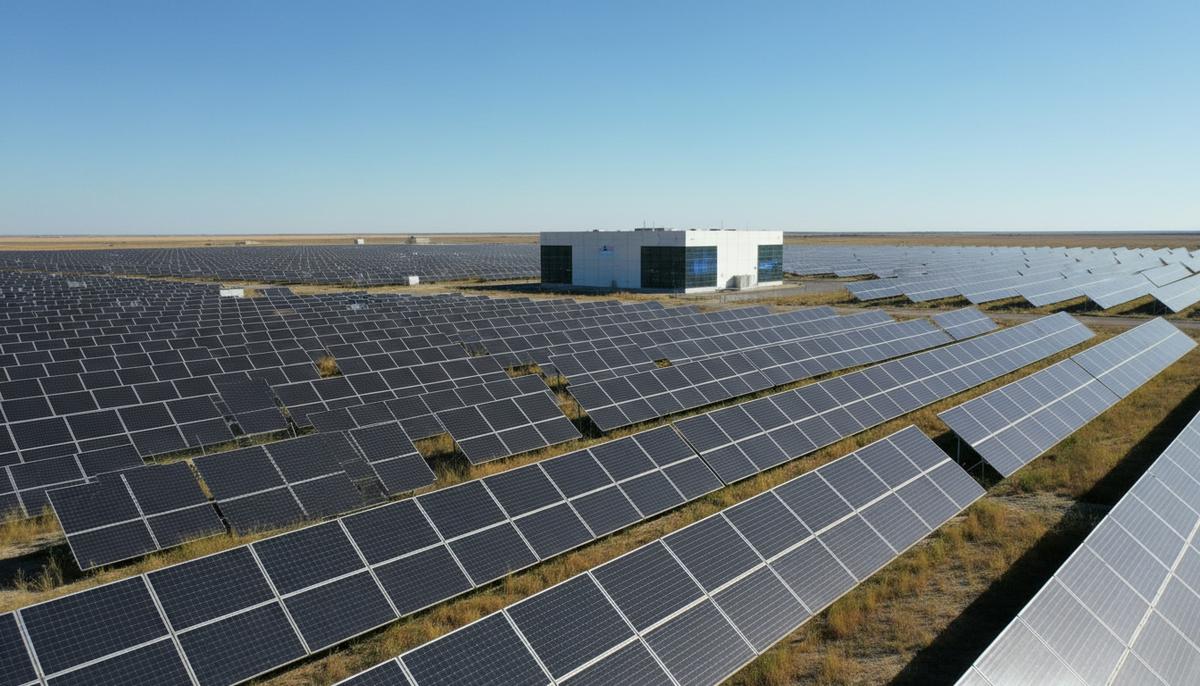 Огромное поле с солнечными панелями, простирающееся до горизонта, и здание системы накопления энергии на равнине.