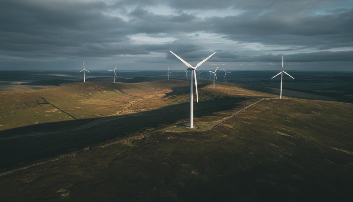 Суд отменил разрешение на строительство ветропарка в Шотландии Высокие ветряные турбины на фоне холмистого пейзажа Шотландии под пасмурным небом на закате.