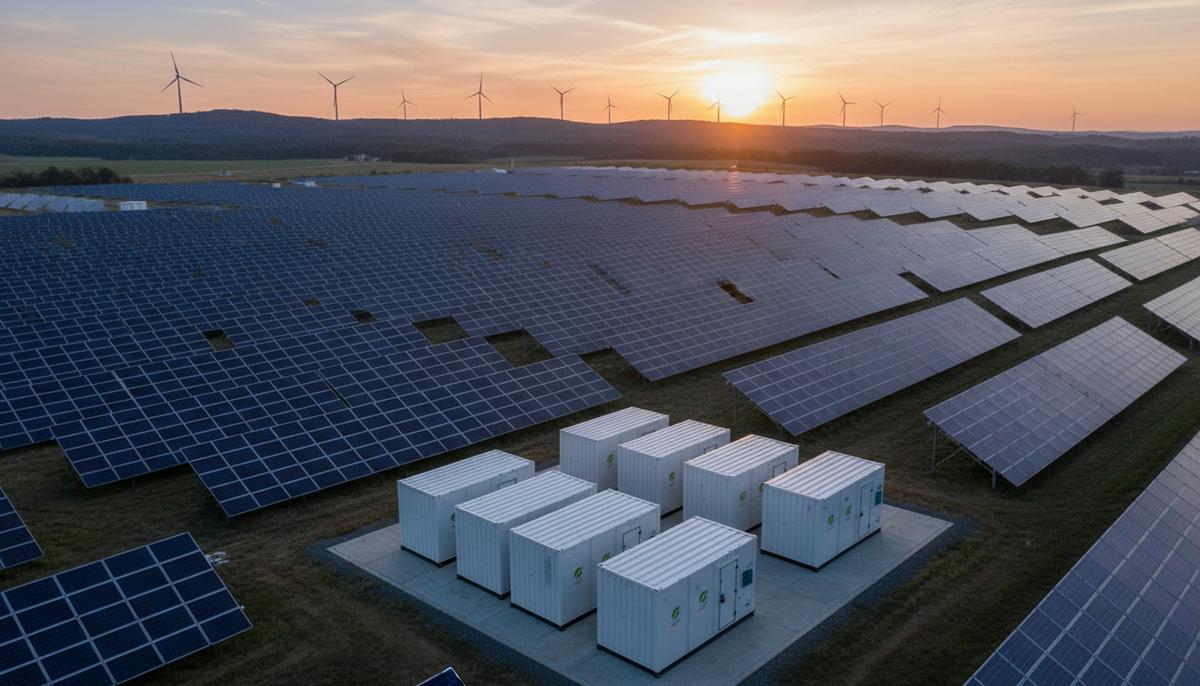 США: рекордный ввод 86 ГВт энергомощностей ожидается в 2026 году Солнечная электростанция с рядами фотоэлектрических панелей, контейнеры систем накопления энергии и ветряные турбины на холмах на рассвете.
