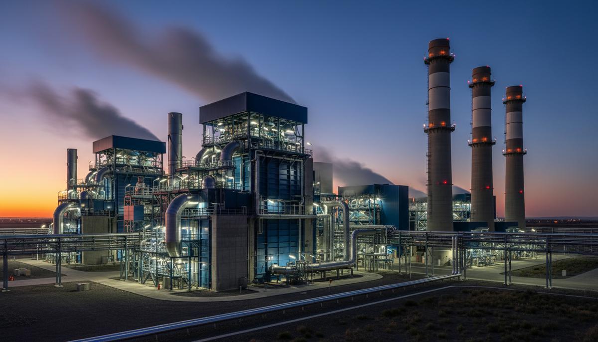 Современная теплоэлектроцентраль с комплексом промышленных труб для рекуперации тепла на фоне вечернего неба.