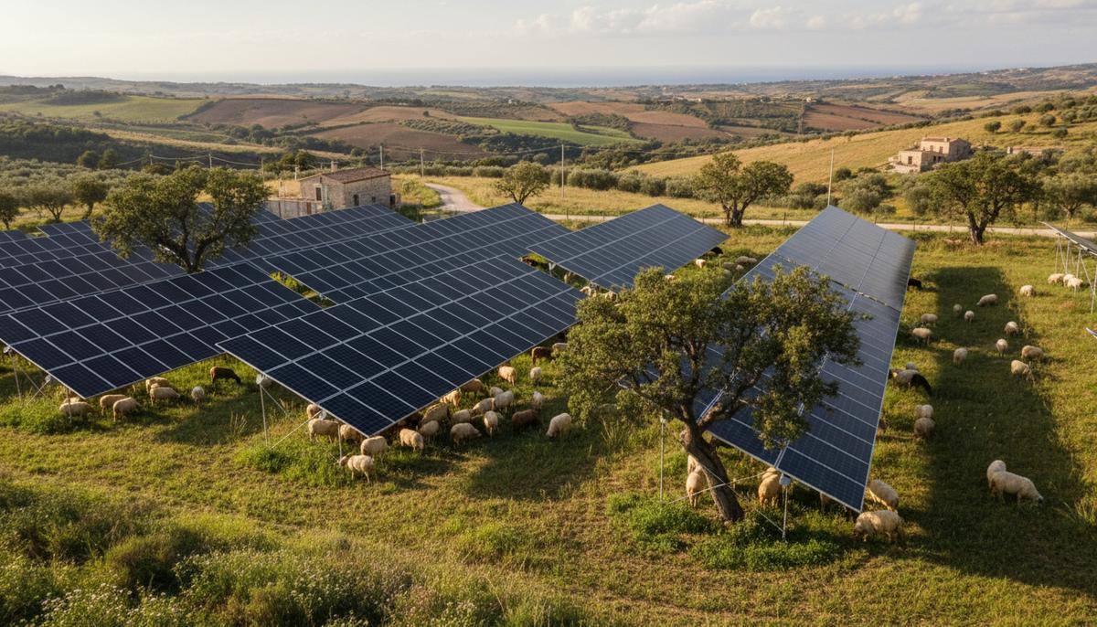 В Сицилии строят агроэлектростанцию с выпасом овец под панелями Солнечные панели на высоких опорах в поле, под которыми пасутся овцы. Вокруг растут рожковые деревья и трава.