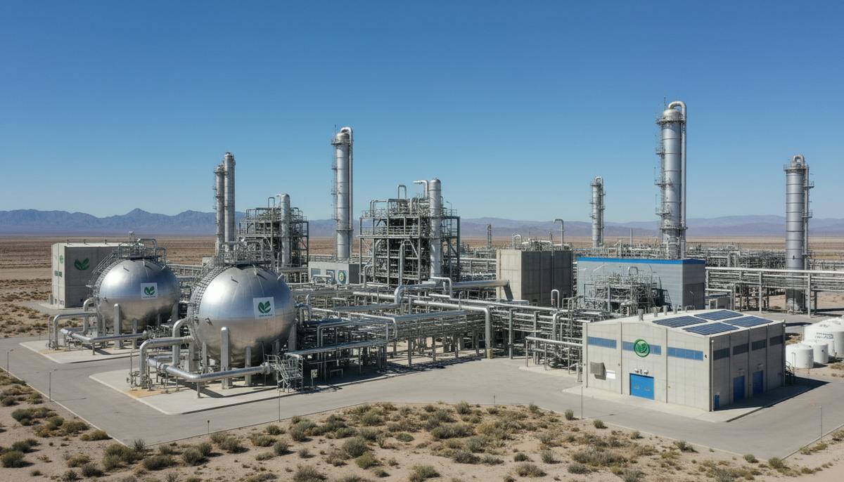 Современный промышленный комплекс по производству чистой энергии с переплетением стальных труб и технологического оборудования.