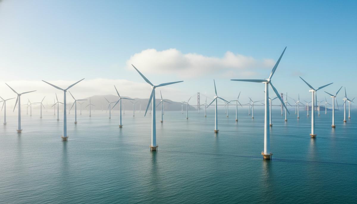 Морская ветровая электростанция с рядами турбин в океане. На горизонте виден мост Золотые Ворота в Калифорнии.