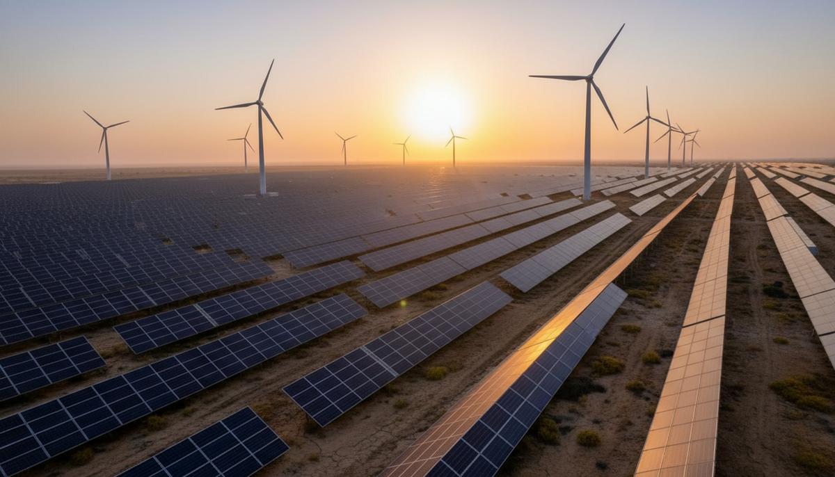 Бескрайнее поле солнечных панелей и ветряных турбин на гибридной электростанции в пустынной местности на рассвете.