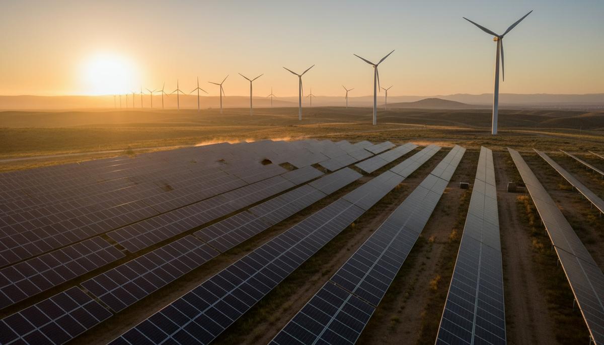 Enel купит в США ветровые и солнечные электростанции на 830 МВт Поле с рядами солнечных панелей на рассвете, на заднем плане видны ветряные турбины под чистым небом.