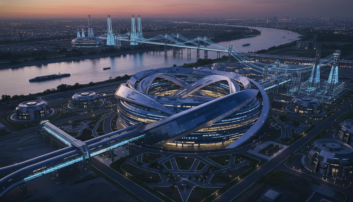 Здание современной термоядерной электростанции футуристического дизайна, расположенное на промышленной площадке у реки.