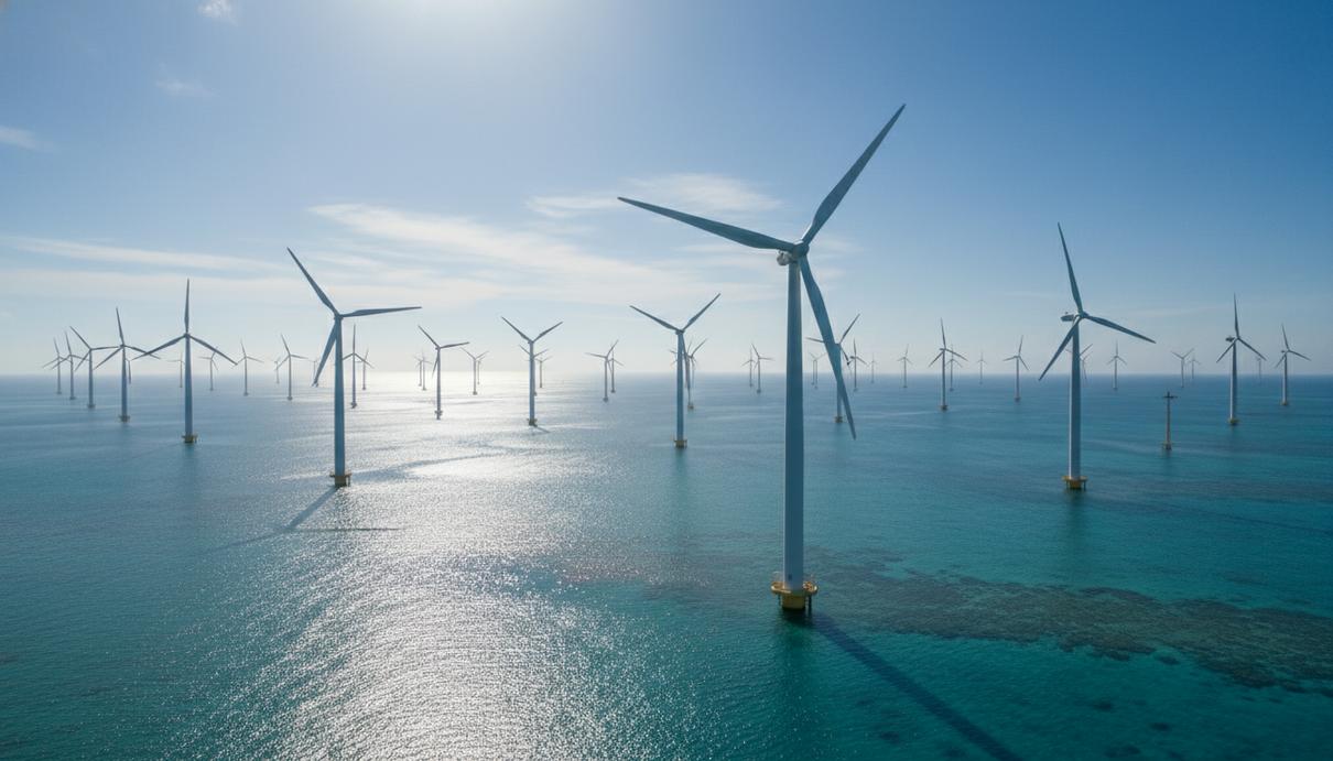 Морская ветроэлектростанция с рядами ветряных турбин в тропическом море у побережья Филиппин в ясный солнечный день.