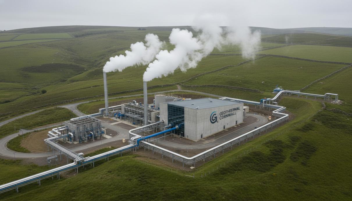 Промышленный комплекс геотермальной электростанции с трубами и технологическими постройками на фоне зеленых холмов.