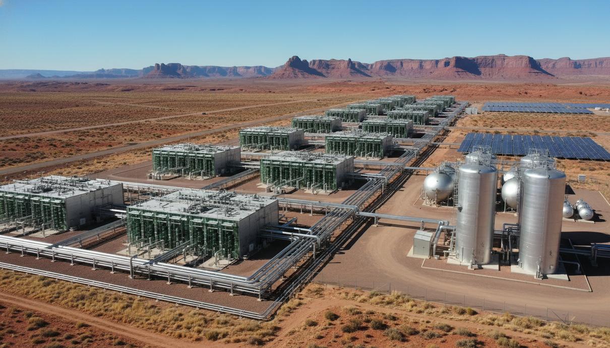 Промышленный комплекс по производству зеленого водорода с резервуарами и трубопроводами в пустынной местности на фоне гор.