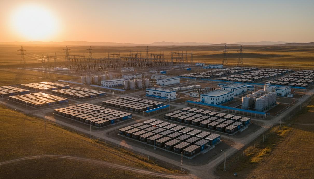 Промышленный пейзаж с рядами контейнеров системы накопления энергии и опорами ЛЭП на фоне степи.