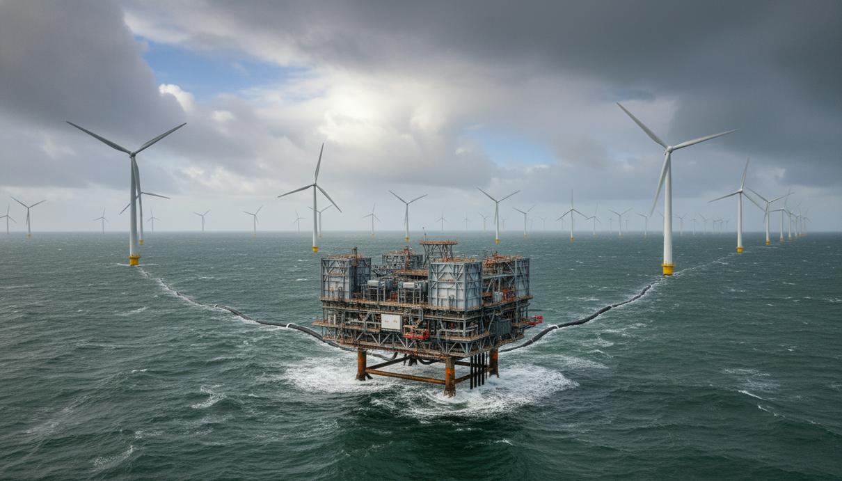 Морская ветряная электростанция в Балтийском море с рядами ветрогенераторов и большой офшорной подстанцией в центре кадра.