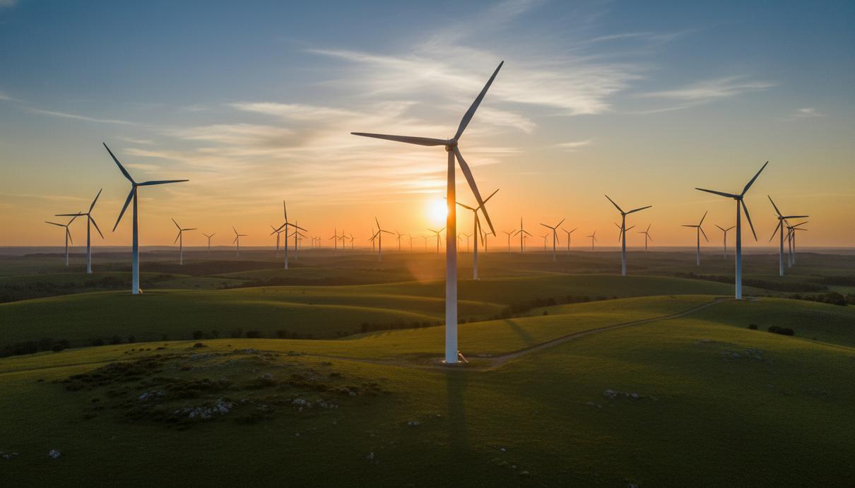 Большая наземная ветроэлектростанция с рядами ветрогенераторов на зеленых холмах на фоне ясного неба.