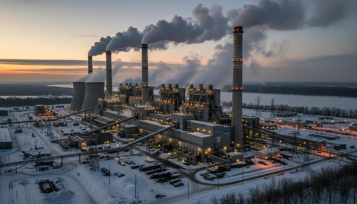 Большая угольная электростанция с дымящими трубами на фоне зимнего вечернего неба. Промышленный пейзаж в сумерках.