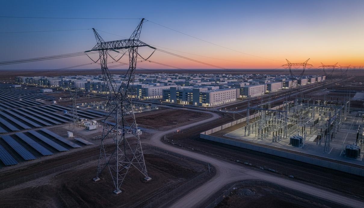 Крупный дата-центр на фоне заката, рядом с высоковольтными линиями электропередач и полем солнечных панелей.